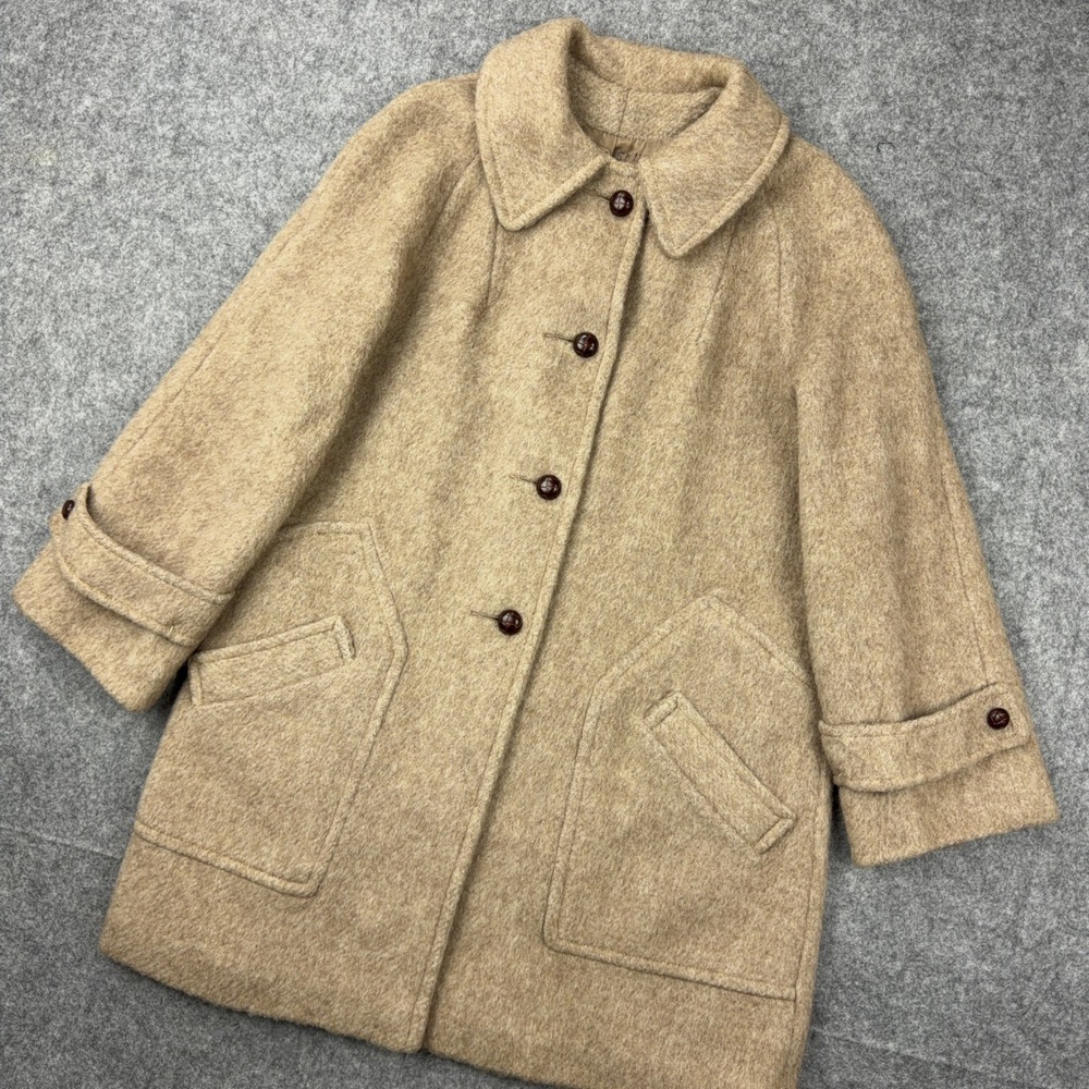 VTG Halldon Coat Womens Medium Tan Wool Mohair Button Front Overcoat 60s 70s